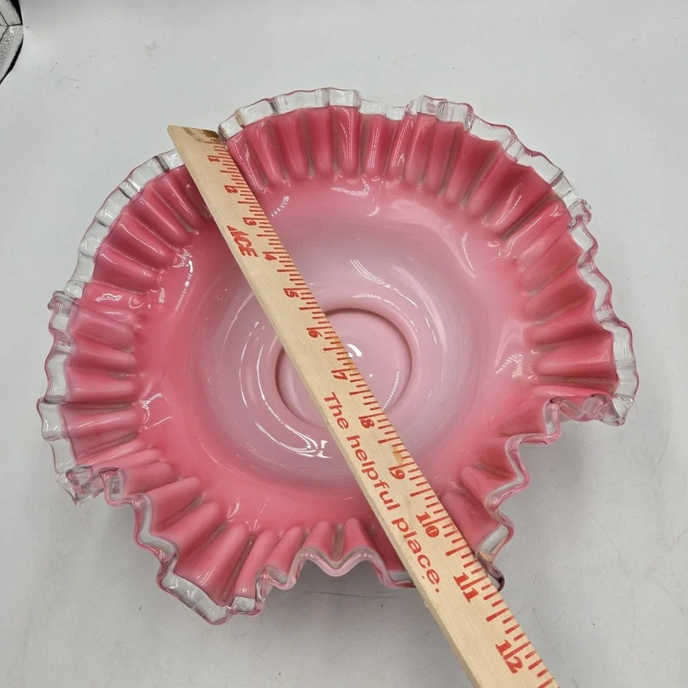 VTG Fenton Peach Crest Pink Cased Milk Glass Ruffled Brides Bowl Clear Edge A+